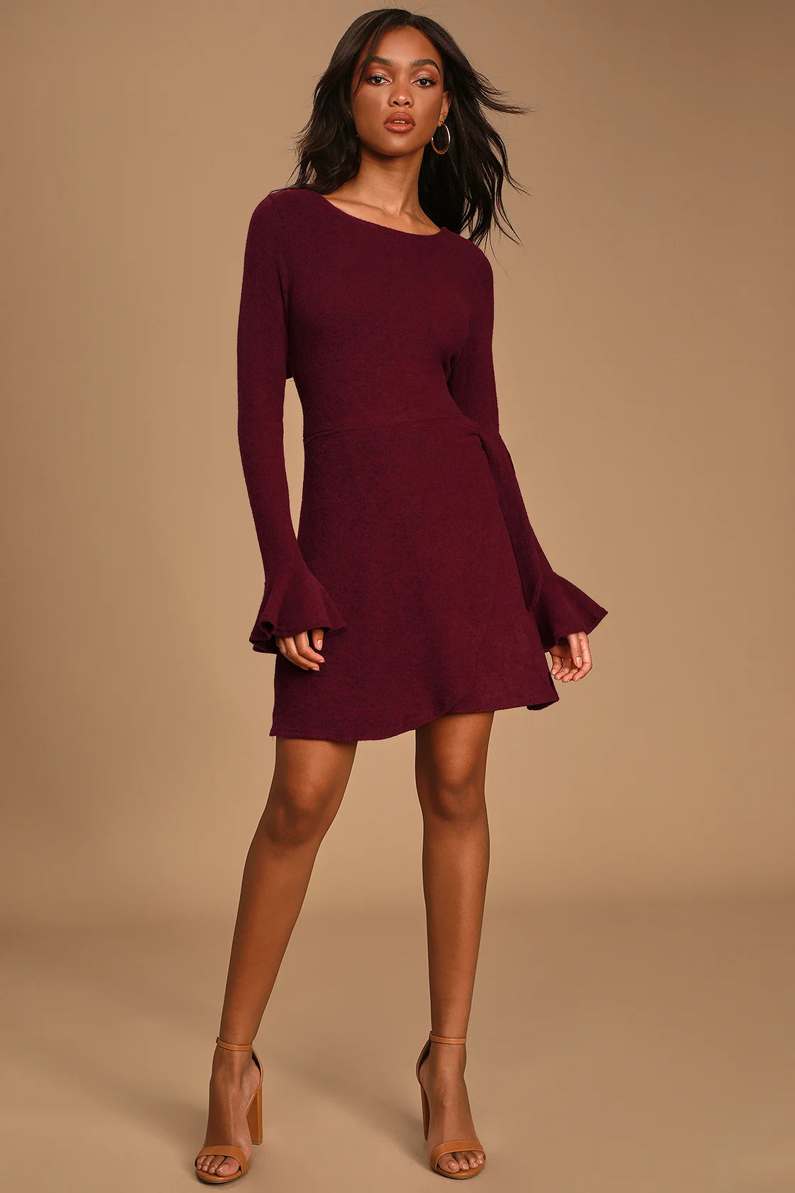 Women Burgundy Wrap Dress Sweater Flounce Sleeve Dress