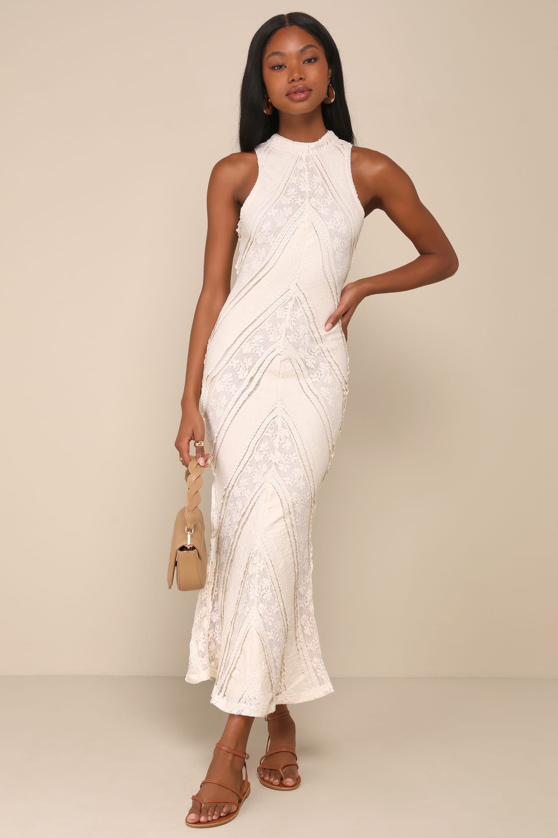 Women Lace Maxi Sleeveless Mock Neck Cutout Dress